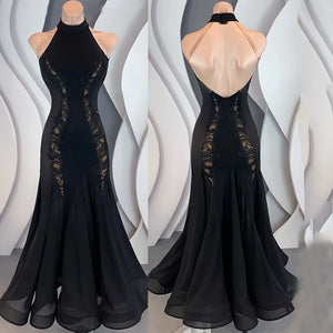 Women's Black Halter Neck Rhinestone Embellished Backless Ballroom Dance Dress
