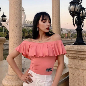 Women's Black & White Off-Shoulder Ruffle Latin Dance Top with Crisscross Back