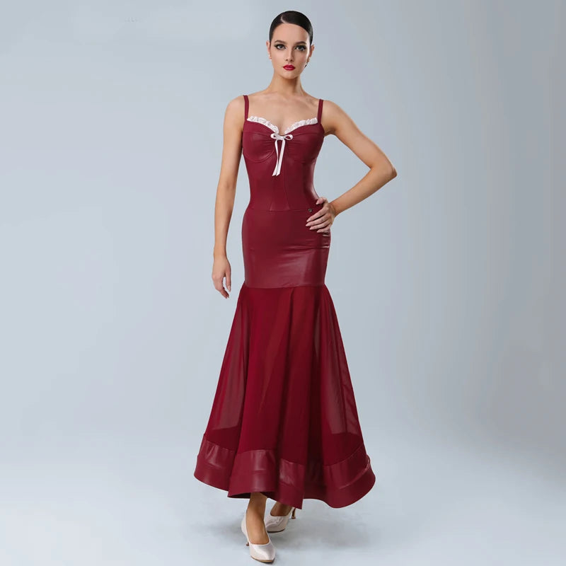 Women's Red Faux Leather & Chiffon Mermaid Latin Dance Dress with Ruffle Trim & Tie Detail