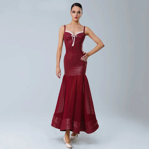 Women's Red Faux Leather & Chiffon Mermaid Latin Dance Dress with Ruffle Trim & Tie Detail