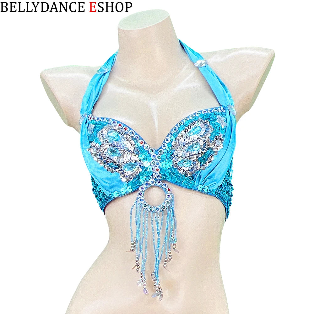 Belly Dance Bra Top, Women's Red Sequin & Beaded Halter Top with Fringe, Belly Dancing Costume