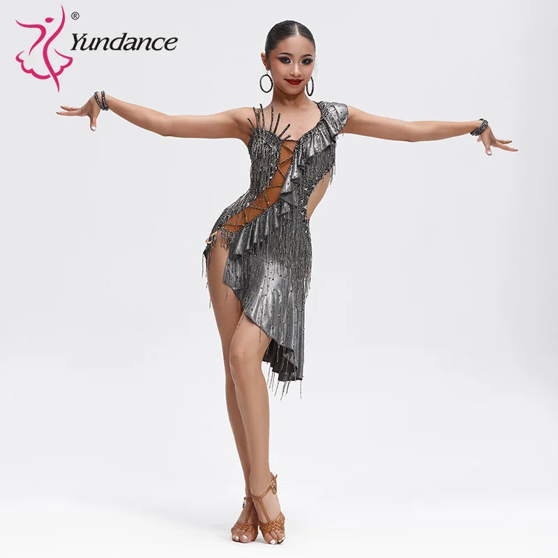 Latin Ballroom Dance Dress With Rhinestones And Tassel Fringe For Adults And Children Competition