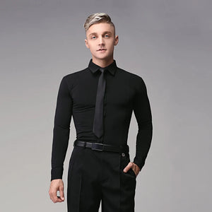 Men's Black Stretch Long Sleeve Dance Shirt with Tie, Ballroom Latin Tango