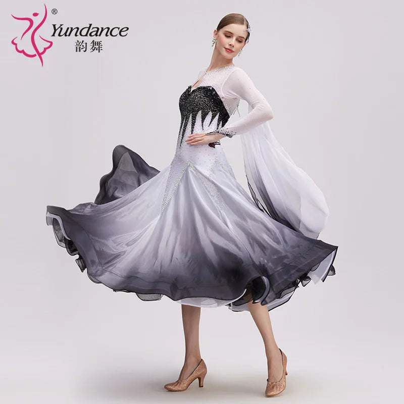 Ballroom Dance Dress International Standard Silk Black White Ombre Pearl-Embellished For Women's Competition