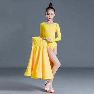 Girls' Latin Dance Dress, Lilac and Yellow Long Sleeve V-Neck Ballroom Performance Costume