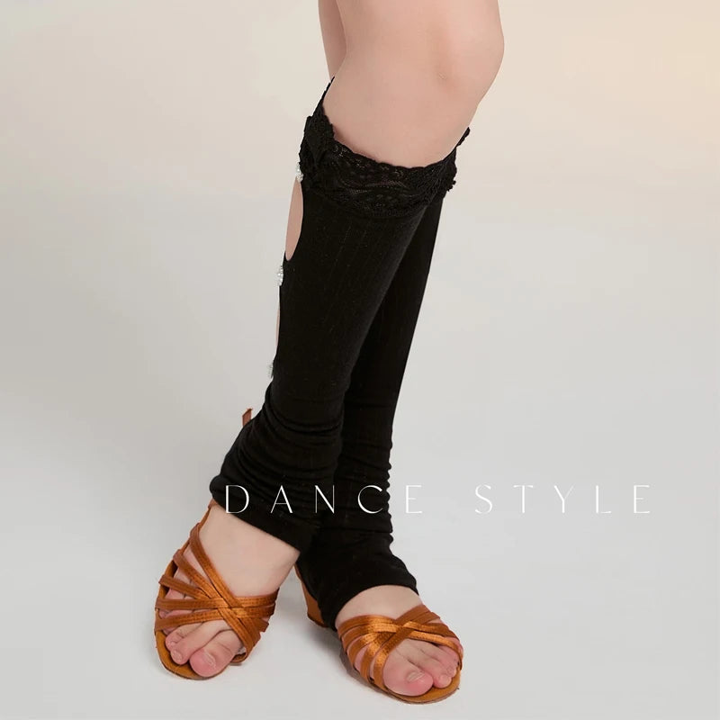 Dance Leg Warmers Women's Black Lace Trim Cutout Embellished Ribbed Knit Latin Dance Warm-up Wear