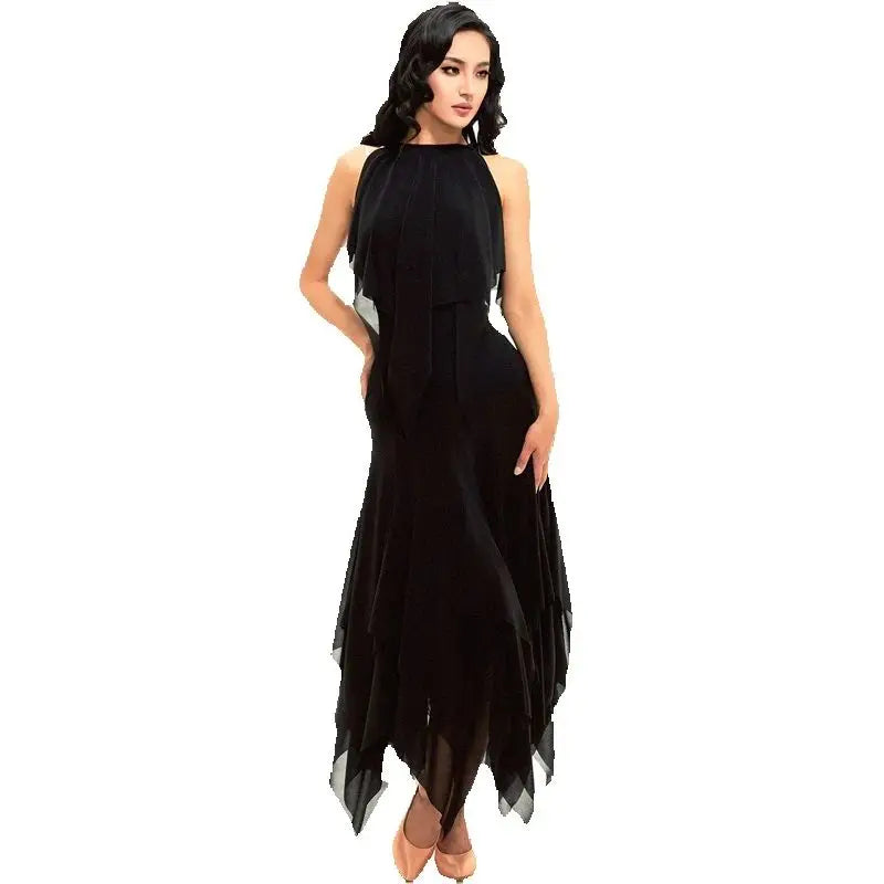 Women's Black Chiffon Halter Asymmetrical Layered Ballroom Dance Dress