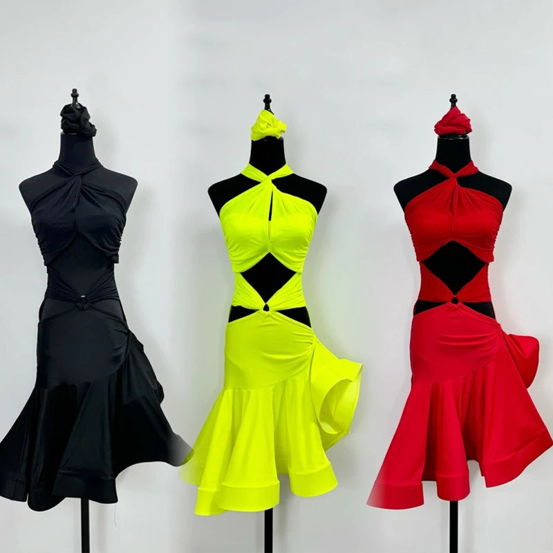 Latin Dance Dress Women's Black Neon Yellow Red Halter Cutout Knot Detail Ruffled Hem Performance Costume