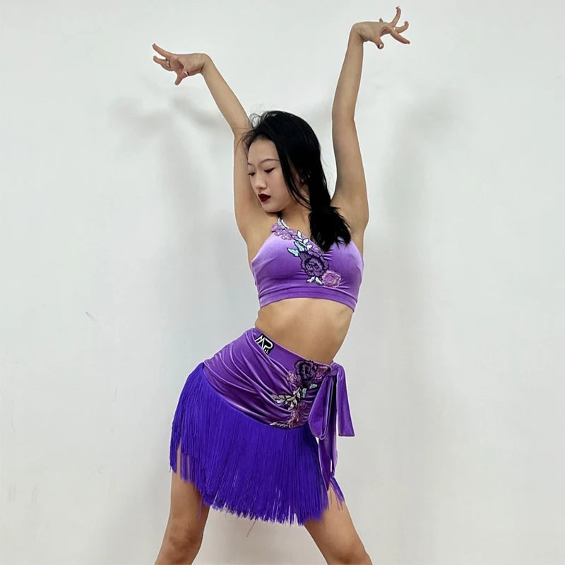 Women's Purple Velvet Embroidered Fringe Latin Dance Skirt Set