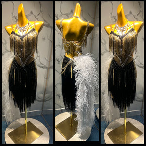 Ballroom Dance Dress, Women's Black and Gold Sequin Fringe Latin Rhythm Dress with Feather Boa