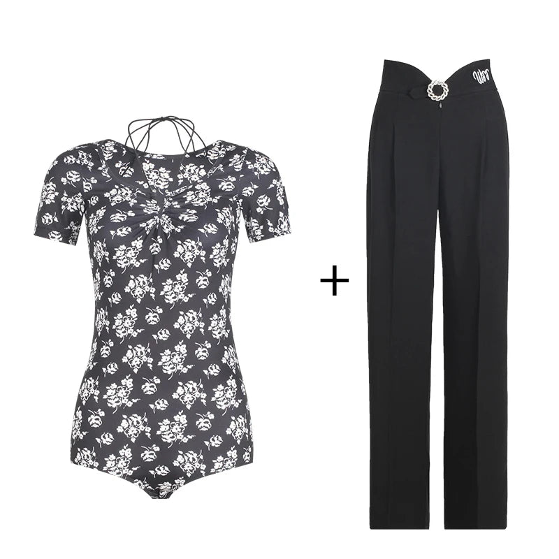 Women's Black & Green High Waist Pleated Wide Leg Ballroom Dance Pants