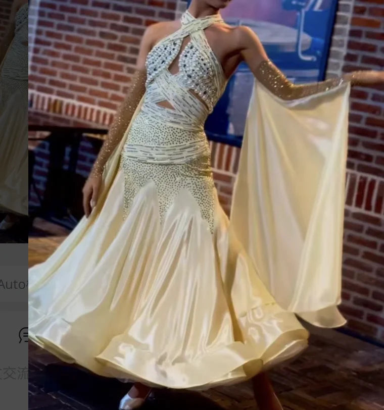 Ballroom Dance Dress Women's Ivory Halter Neck Rhinestone & Pearl Embellished Satin Gown with Mesh Sleeves