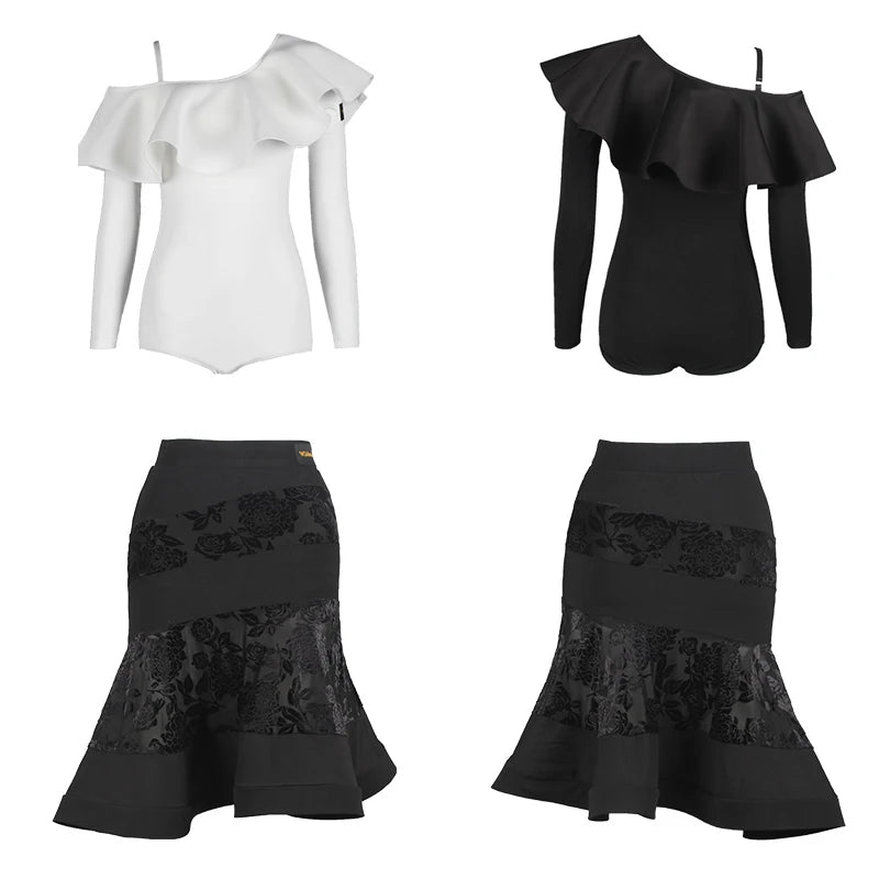 Women's Black & White Ruffled Off-Shoulder Long Sleeve Bodysuit and Floral Pattern Latin Dance Skirt
