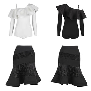 Women's Black & White Ruffled Off-Shoulder Long Sleeve Bodysuit and Floral Pattern Latin Dance Skirt