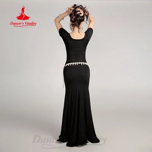 Belly Dance Dress Women Teal Short Sleeve Cut-Out Rhinestone Slit Mermaid Maxi Skirt with Hip Scarf