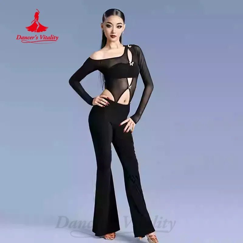 Women's Pink One-Shoulder Mesh Long Sleeve Cutout Embellished Latin Dance Jumpsuit with Flared Pants