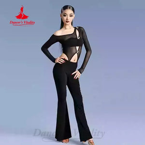 Women's Pink One-Shoulder Mesh Long Sleeve Cutout Embellished Latin Dance Jumpsuit with Flared Pants