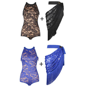 Women's Black Lace Halter Bodysuit with Fringe Latin Dance Skirt