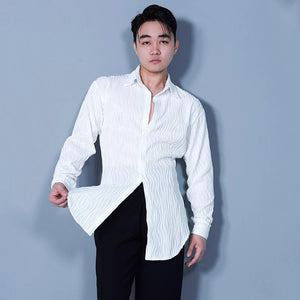 Men's Black Textured Long Sleeve Ballroom Dance Shirt
