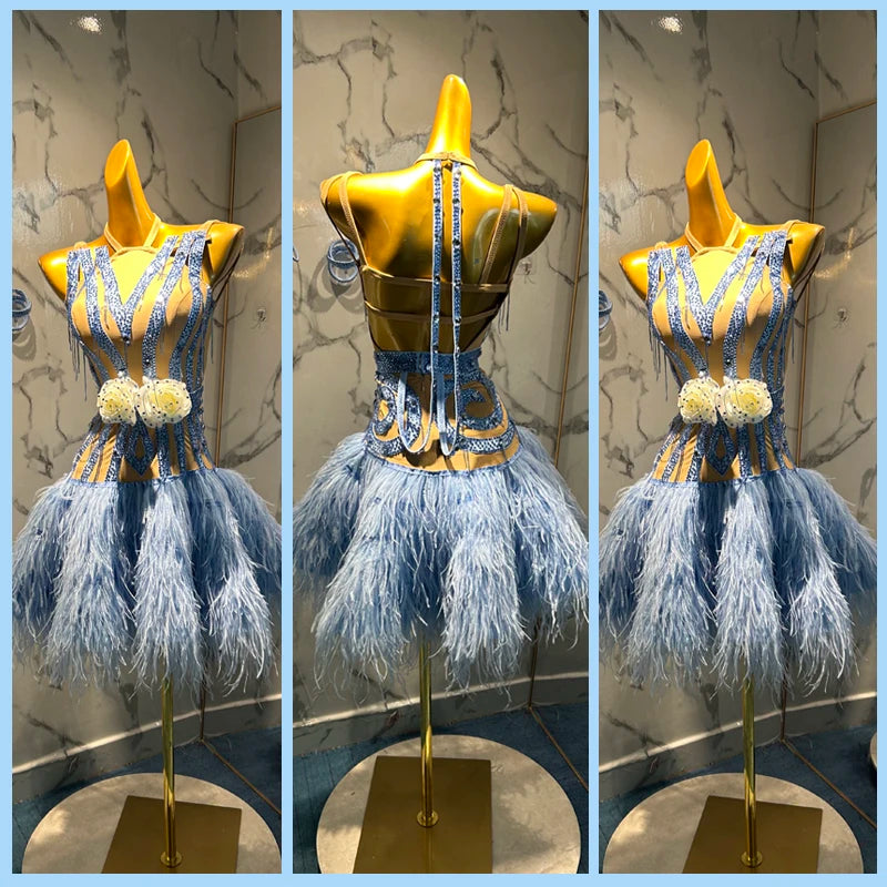 Women's Light Blue Ostrich Feather Rhinestone Latin Dance Dress