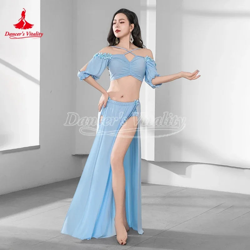 Belly Dance Costume Women Light Blue Chiffon Off-Shoulder Crop Top & High Slit Skirt Set for Oriental Dance Performance