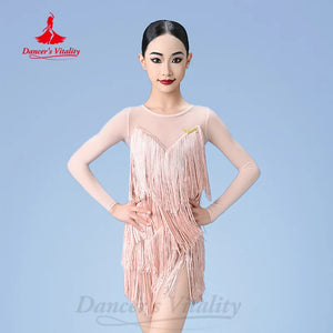 Women's Beige Fringe Latin Dance Dress with Long Sleeves, Ballroom Rumba Cha Cha Samba Tango Costume