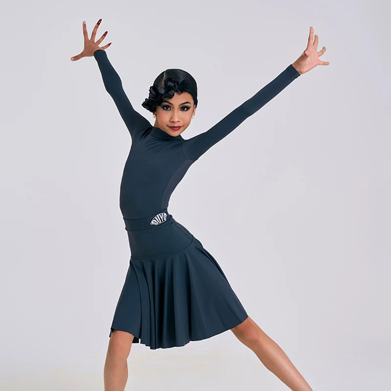 Girls' Teal Long Sleeve Mock Neck Pleated Hem Latin Dance Dress