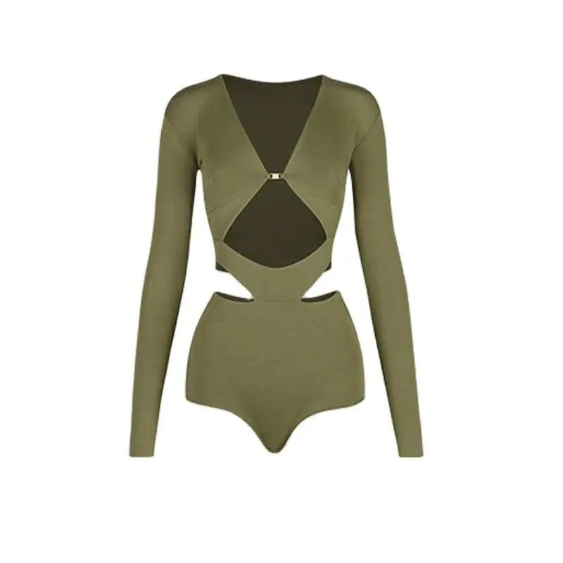 Women's Olive Green Long Sleeve Cutout Bodysuit with Gold Buckle, White Fringe Tie-Waist Skirt, Latin Dancewear
