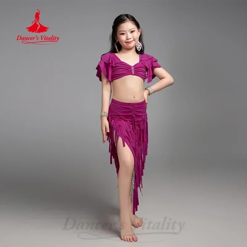 Girls Aqua Belly Dance Costume, Ruffled Crop Top, Fringe Skirt with Slit, Performance Wear