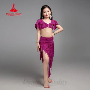 Girls Aqua Belly Dance Costume, Ruffled Crop Top, Fringe Skirt with Slit, Performance Wear