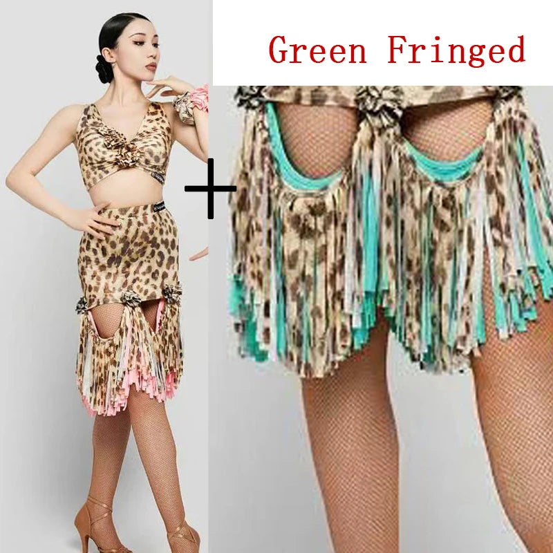 Women's Leopard Print Pink Fringe Latin Dance Dress, Mesh Sleeves
