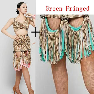 Women's Leopard Print Pink Fringe Latin Dance Dress, Mesh Sleeves