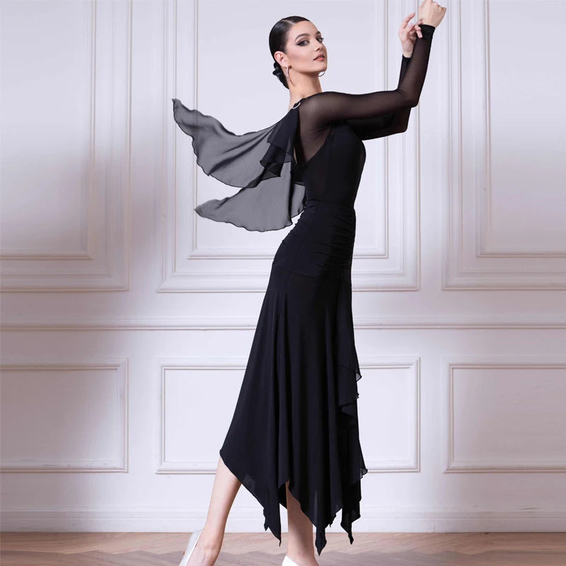 Dance Dress Women's Burgundy Mesh Long Sleeve Ruched Asymmetrical Hem Ballroom Latin Dance Dress
Dance Dress Women's Black Mesh Long Sleeve Ruched Asymmetrical Hem Ballroom Latin Dance Dress