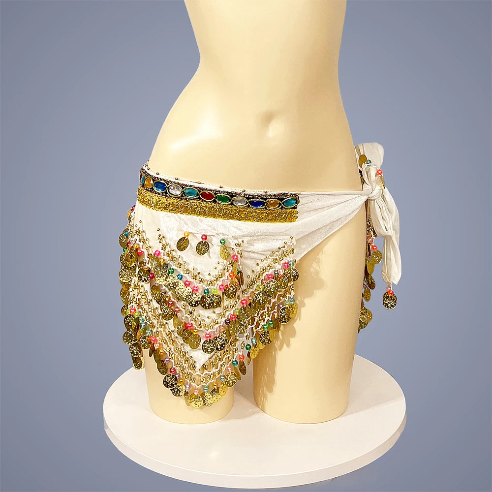 Belly Dance Hip Scarf, Women's Blue Gold Coin & Jewel Embellished Chiffon Waist Wrap, Tribal Fusion Bellydance