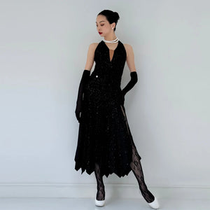 Women's Black Sequin Halter Neck Midi Dance Dress with Gloves and Lace Tights for Ballroom Dance