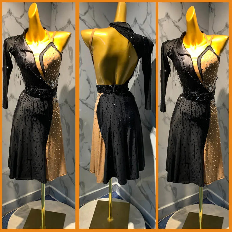 Latin Dance Dress Women Black Beige Asymmetrical Long Sleeve Fringe Crystal Embellished Standard Ballroom Performance Costume