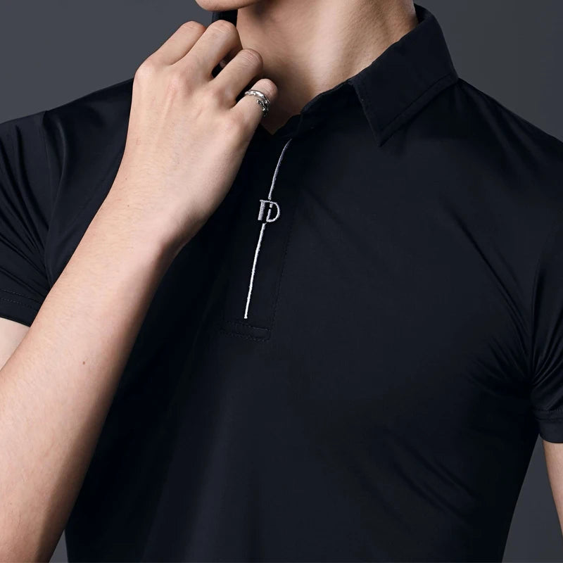 Men's Black Short Sleeve Polo Shirt with White Stripe and "ID" Logo for Ballroom Dance