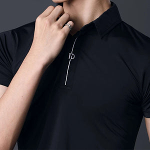 Men's Black Short Sleeve Polo Shirt with White Stripe and "ID" Logo for Ballroom Dance