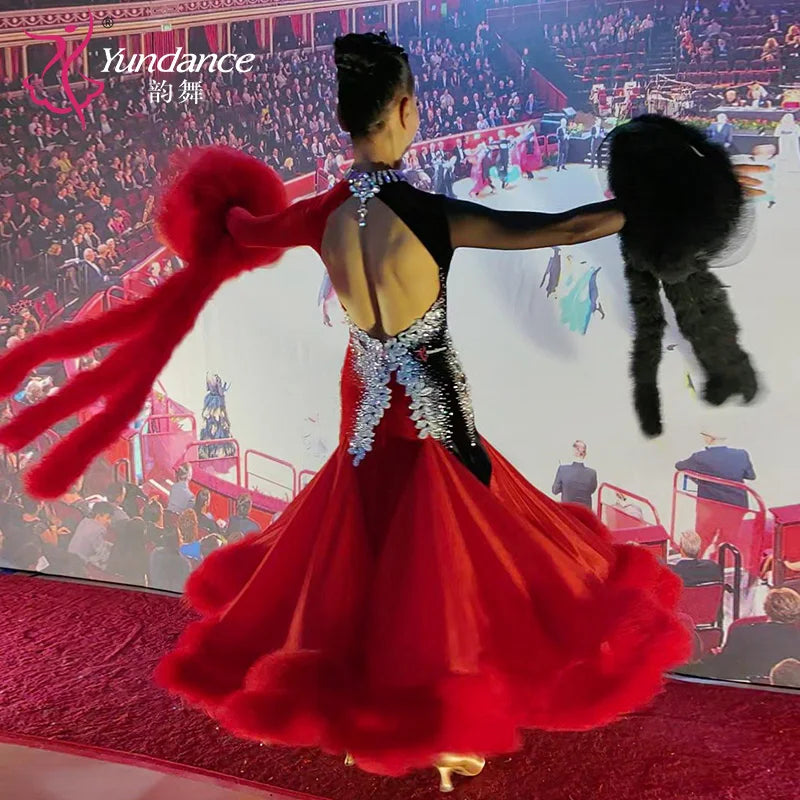 Women's Custom Competition Ballroom Dance Dress With Velvet Fabric For Performance