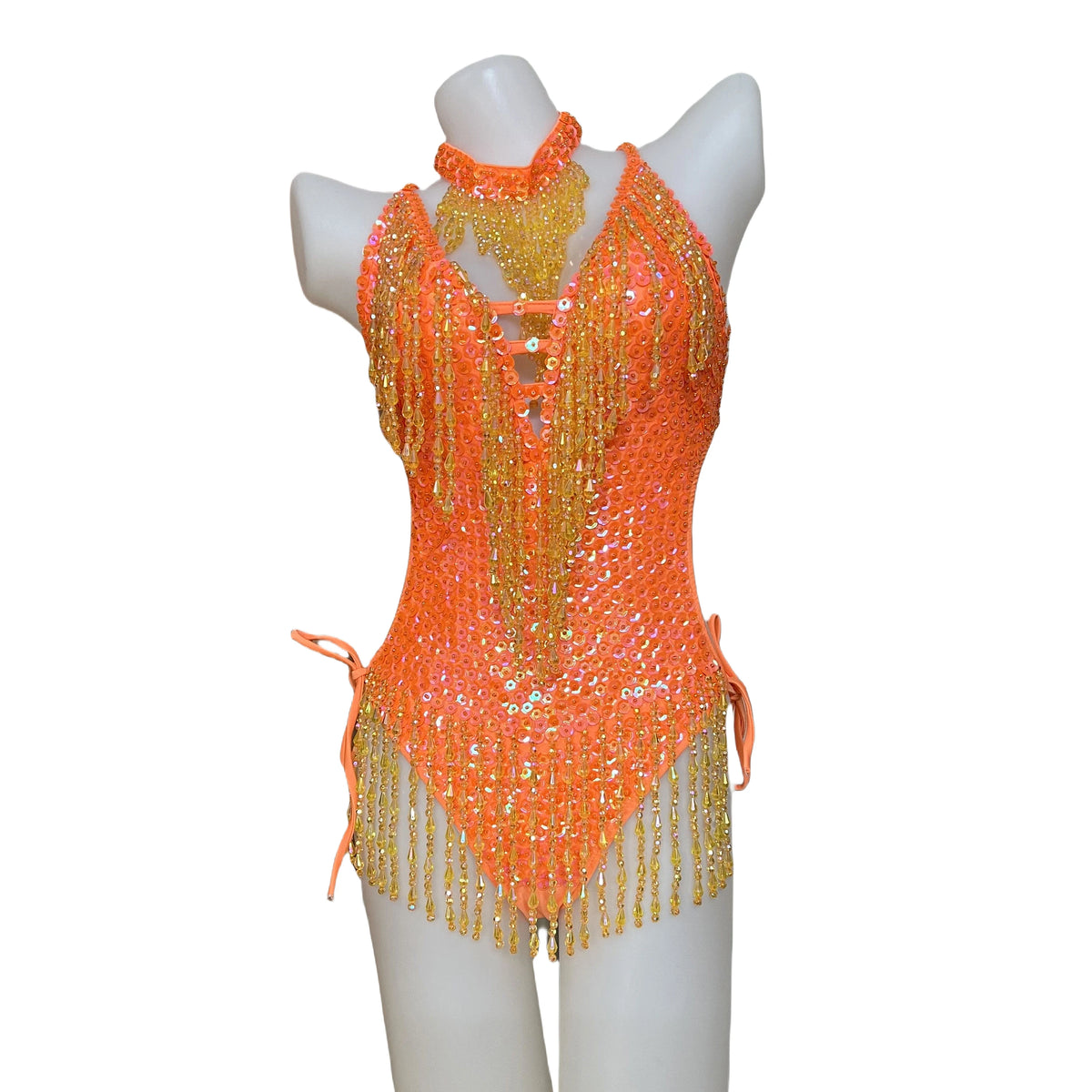 Women's Olive Green Beaded Sequin Halter Neck Fringe Latin Dance Leotard