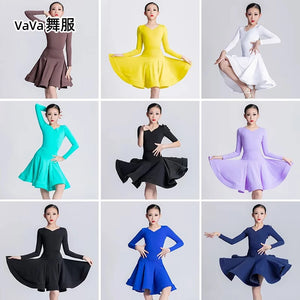 Girls' Navy Blue Long Sleeve V-Neck Ballroom Latin Dance Dress with Finger Loops