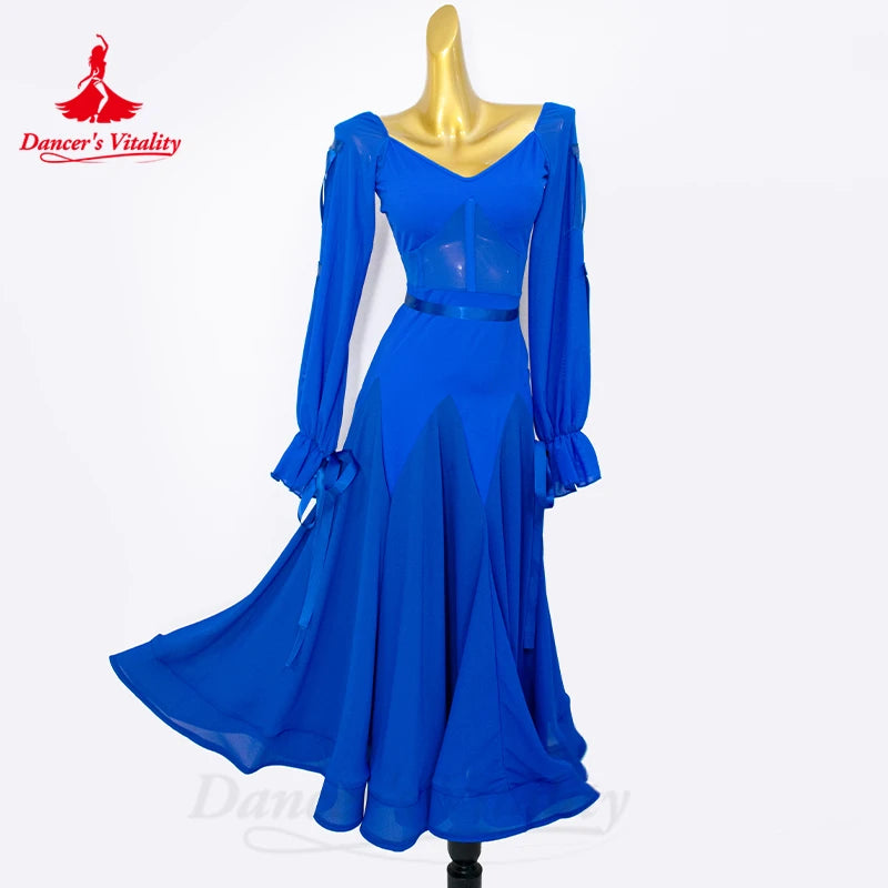 Women's Black Sheer Polka Dot Long Sleeve V-Neck Ballroom Dance Dress