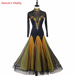 Ballroom Dance Dress Women's Green Mesh Long Sleeve Embellished Gown Standard Waltz Tango Competition Costume