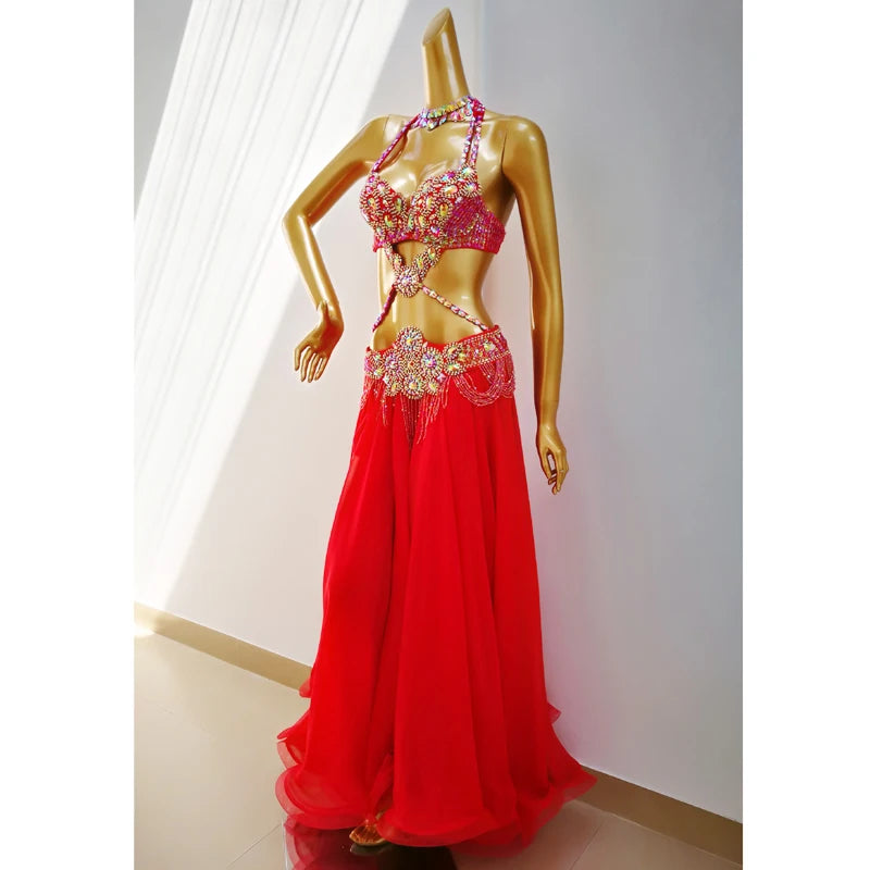 Belly Dance Costume, Women's Royal Blue Sequin Halter Top & High Slit Skirt, Chiffon & Beaded Professional Dancewear