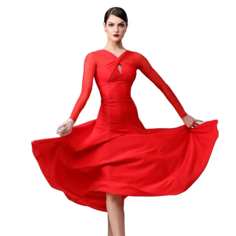 Women's Red Mesh Long Sleeve Ballroom Dance Dress, Women's Black Mesh Long Sleeve Ballroom Dance Dress, Women's Navy Blue Mesh Long Sleeve Ballroom Dance Dress