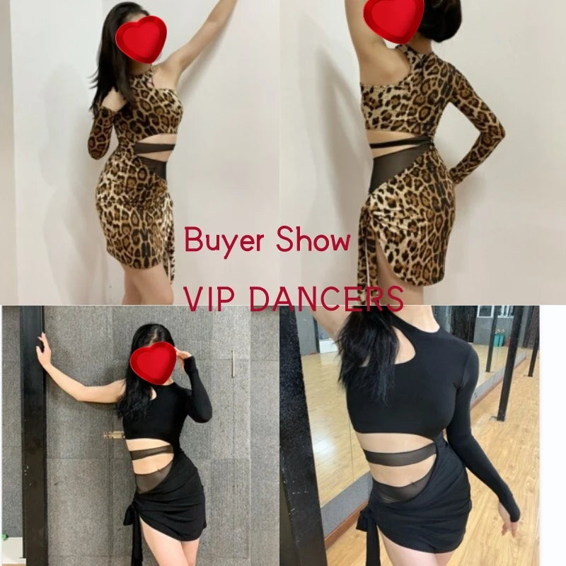 Women's Black & Leopard Print One-Shoulder Cut-Out Bodycon Latin Dance Dress
