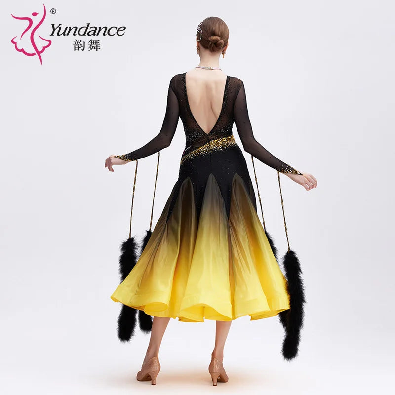 Women's Ballroom Dance Dress With Ombre Satin Chiffon In Yellow And Black For Competition