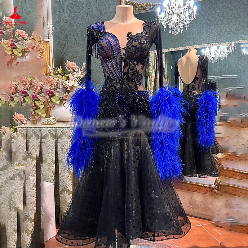 Women's Ballroom Dance Dress With Polka Dots And Ostrich Feather Sleeves For Waltz Foxtrot Tango Quickstep