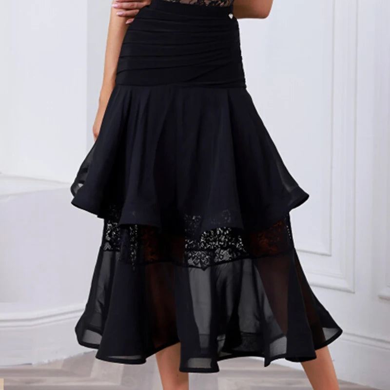 Women's Black Lace Cap Sleeve Bodysuit and Ruffled Chiffon Skirt Latin Ballroom Dance Dress