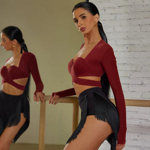 Women's Burgundy & Black Fringe Latin Dance Top and Shorts Set, Long Sleeve Sweetheart Crop Top, High Waist Fringe Shorts